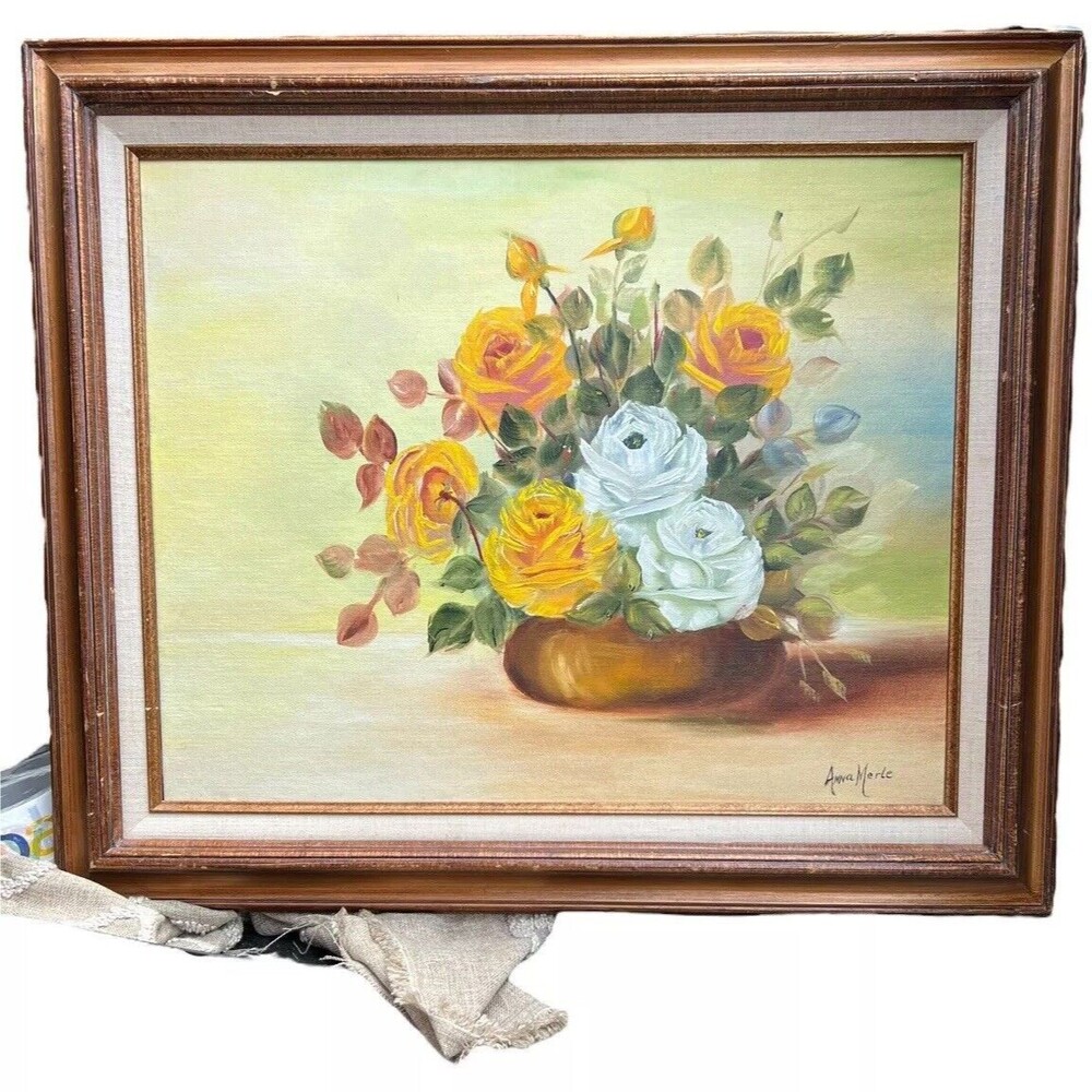 Vtg Still Life Floral Oil Painting on Canvas of Colorful Roses Signed & Framed